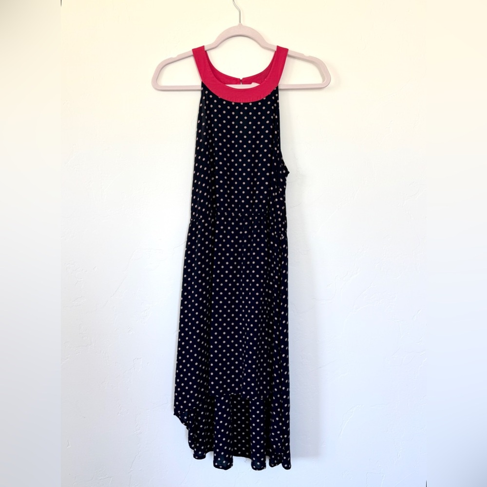 Anthropologie Lilka Black Polka Dot High-Low Dress with Red Neckline